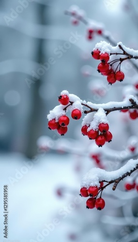 Snowy twig clusters holding bright red berries in frosty landscape, winter scenery, winter wonderland, frozen landscape