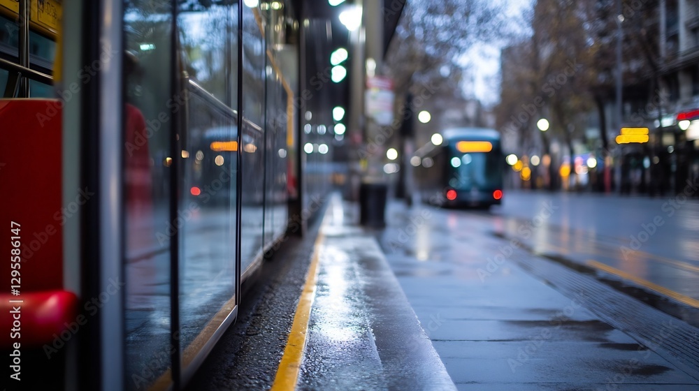 Obraz premium Rainy City Street with Bus Stop and Reflections on Wet Surface : Generative AI