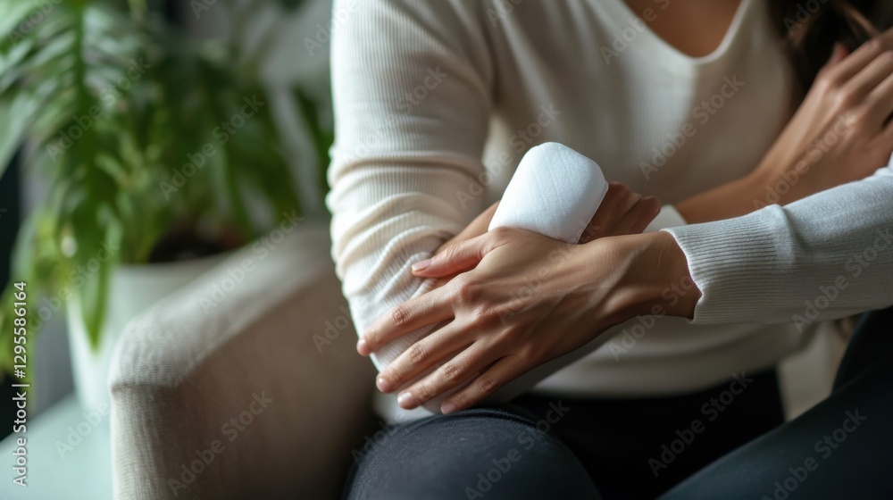 Obraz premium A person using a cold compress on their elbow in a serene home office. Featuring inflammation reduction and recovery
