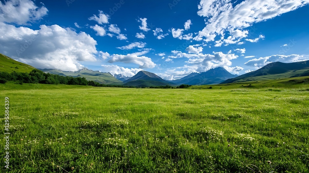 Fototapeta premium Expansive scenic view of a vast green meadow under a bright blue sky with fluffy clouds : Generative AI
