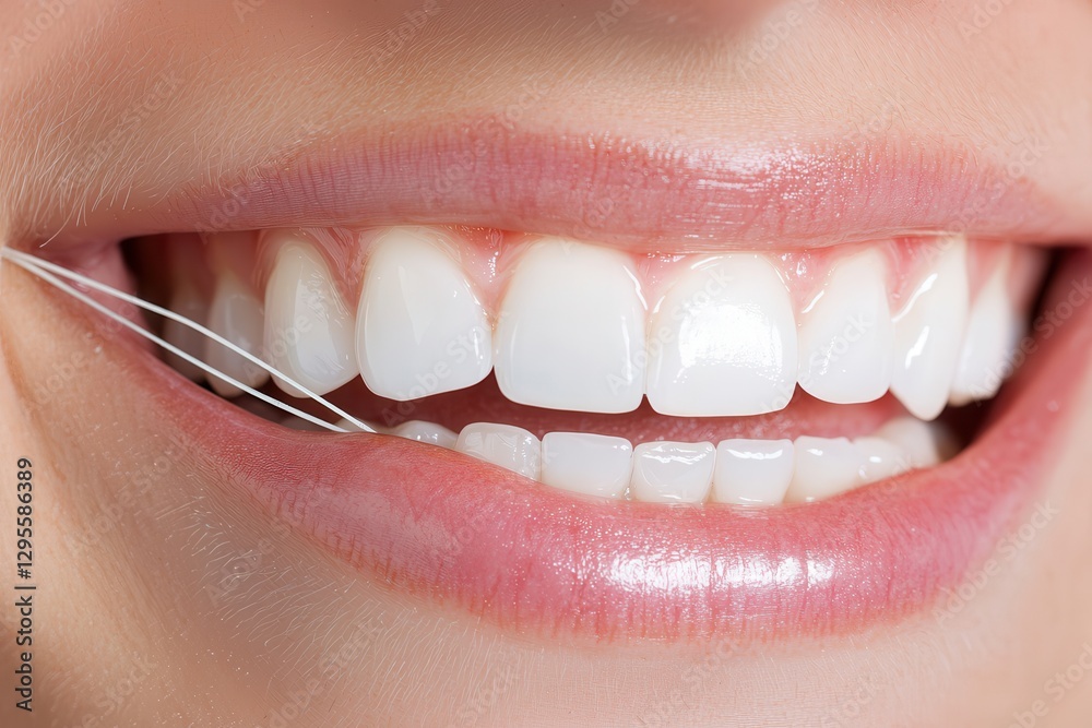 Obraz premium Oral care gum protection essential. Close-up of a smiling mouth using dental floss for oral hygiene.