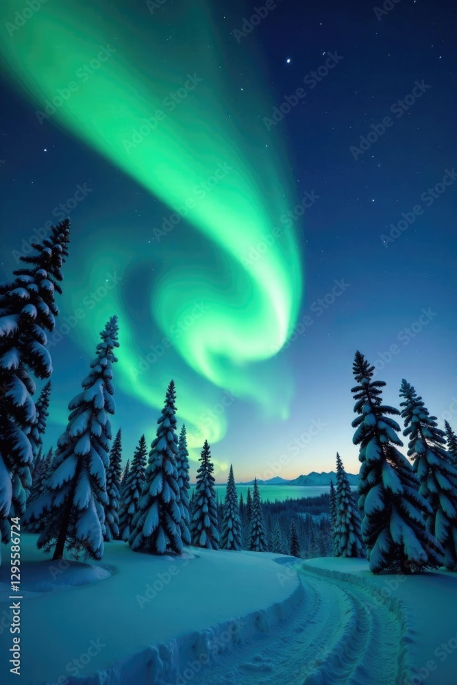 Naklejka premium Swirling aurora lights dance above snow-covered trees, winter, snowflakes, night sky