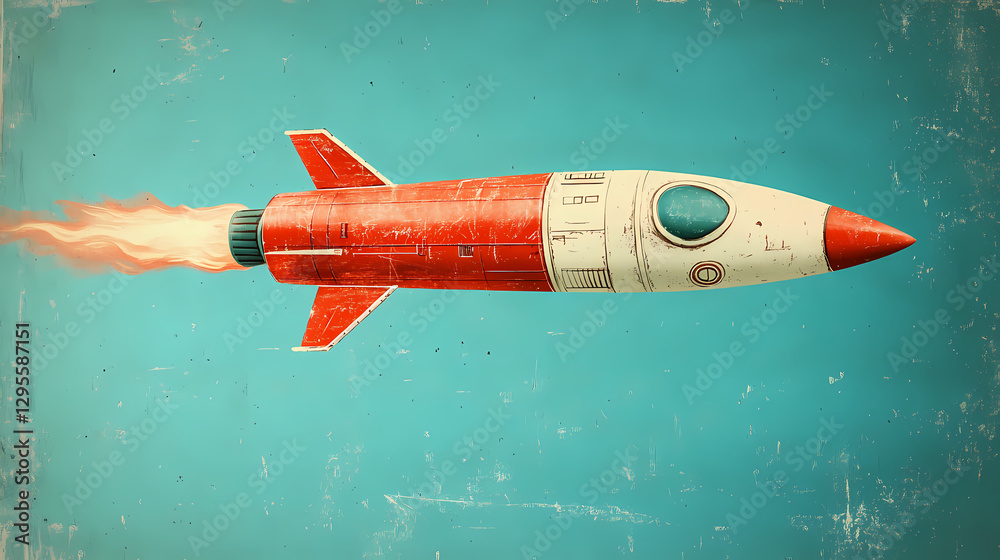 Fototapeta premium Retro Rocket Launching in Blue Sky