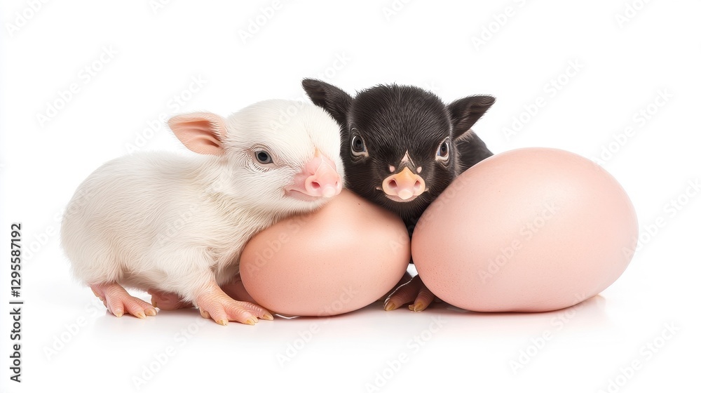 Fototapeta premium Cute Piglets Nestled Together Next to Large Pink Eggs