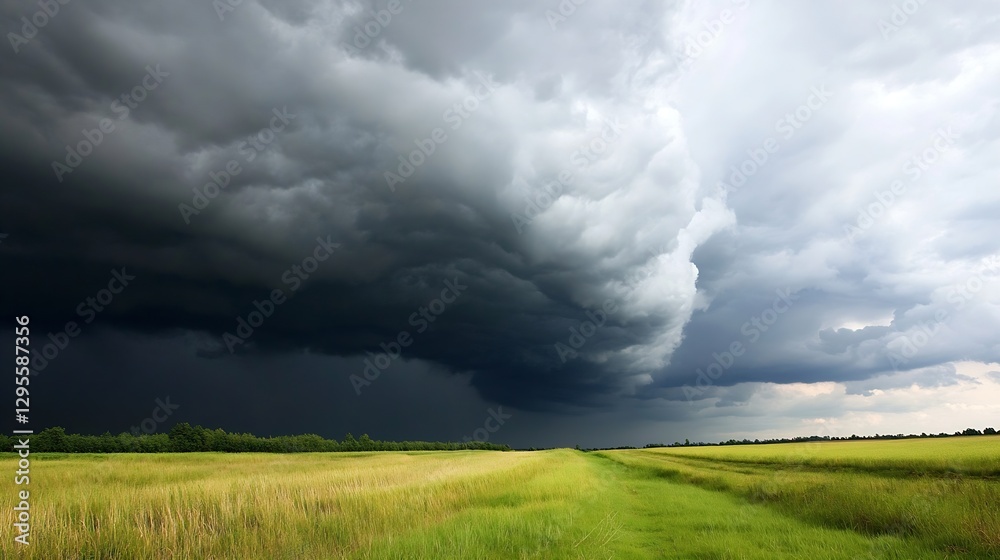 Dramatic Dark Storm Clouds Over Lush Green Field Creating an Ominous Sky : Generative AI Dramatic Dark Storm Clouds Over Lush Green Field Creating an Ominous Sky : Generative AI
