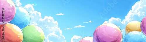 Colorful balloons float against a sunny sky; cheerful background for celebration photo