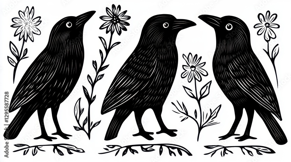 Fototapeta premium Black Birds with Floral Elements in Vintage Style Illustration