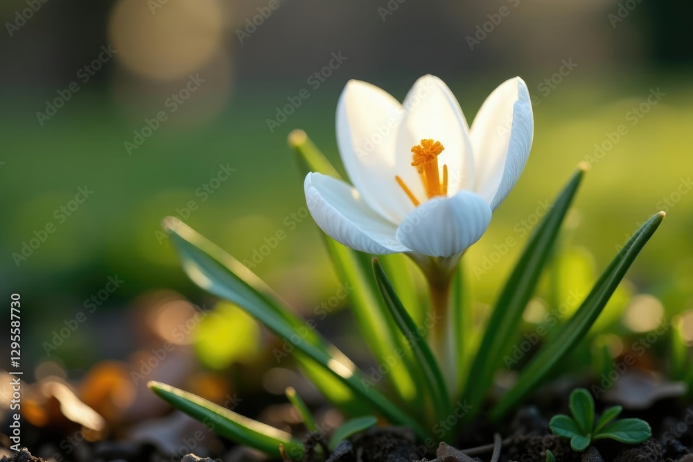 White crocus in a bush, delicate petals unfurling slowly, natural, slow White crocus in a bush, delicate petals unfurling slowly, natural, slow