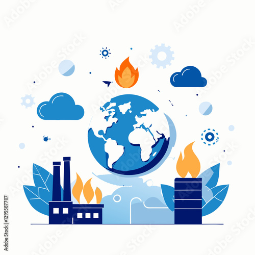 Global warming depicted by Earth on fire with industrial pollution