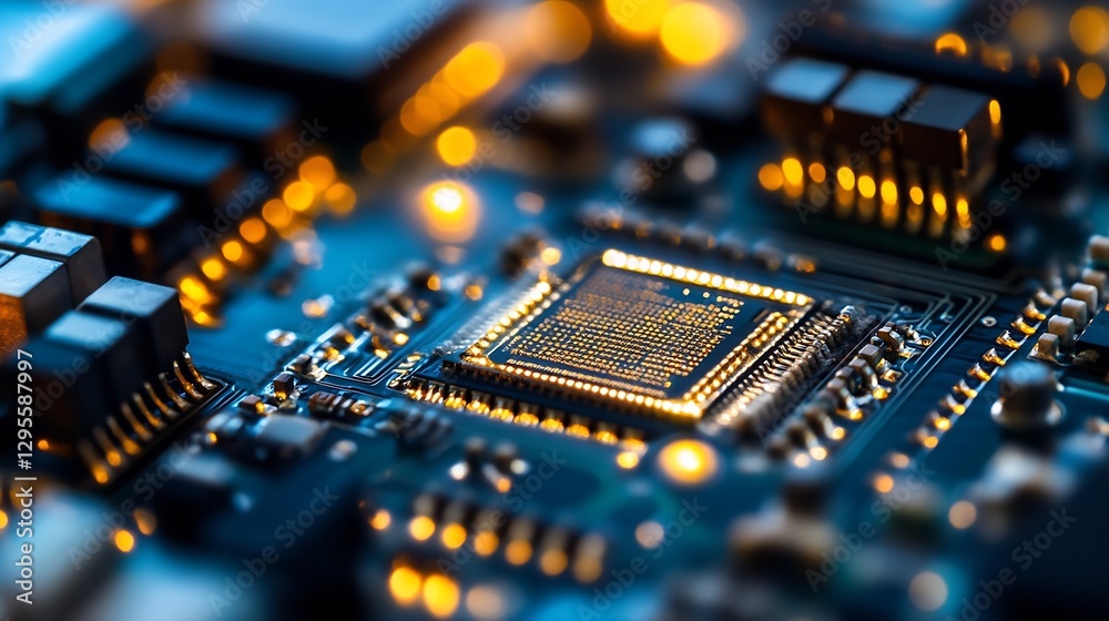 Obraz premium Close up view of a modern microchip surrounded by circuit board components and glowing lights : Generative AI
