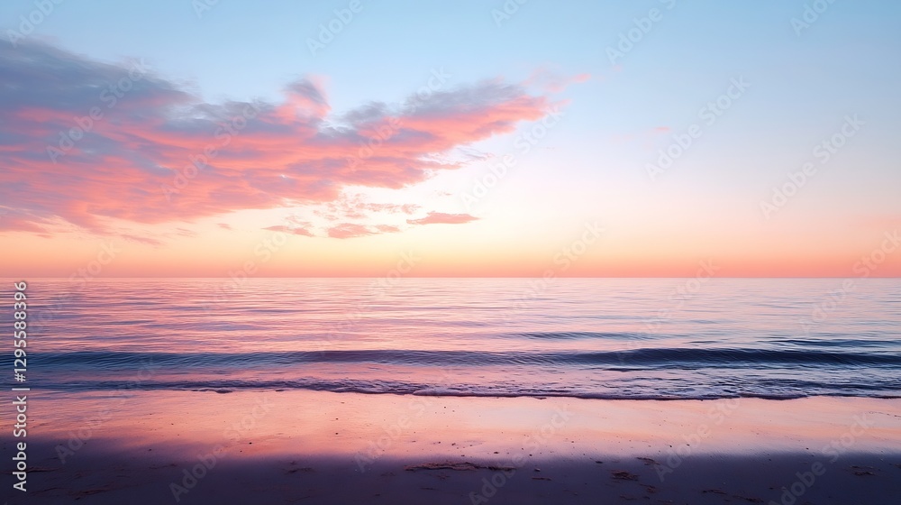 Obraz premium Peaceful Sunset Over Calm Ocean with Soft Pastel Colors and Gentle Waves on Beach : Generative AI