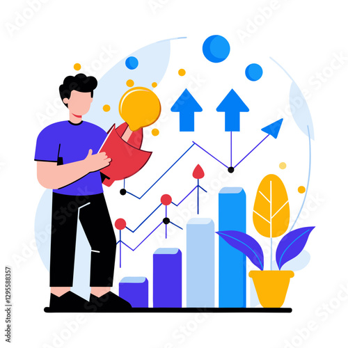 Young adult male in casual clothing presenting a concept of growth and success. Expressive pose in front of upward trending charts, highlighting achievement and business concept.