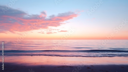 Peaceful Sunset Over Calm Ocean with Soft Pastel Colors and Gentle Waves on Beach : Generative AI