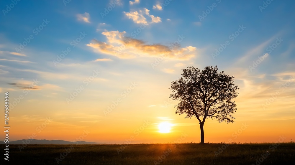 Solitary Tree at Sunset Against a Beautiful Sky Embracing Nature's Magic : Generative AI Solitary Tree at Sunset Against a Beautiful Sky Embracing Nature's Magic : Generative AI