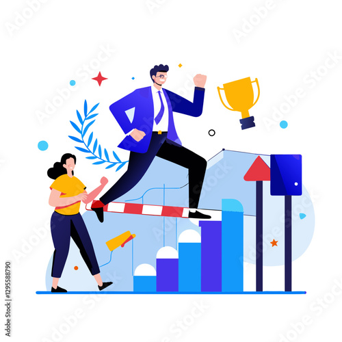 Business professionals ascending a career ladder with supportive colleague. A confident male executive and a female colleague are overcoming obstacles in a modern office setting.