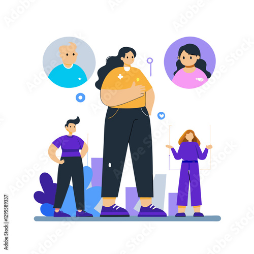 Adult female mentor with a child and a teenager in casual attire in a stylized urban setting. They are standing in a support group setting, and the adult is communicating to the children.