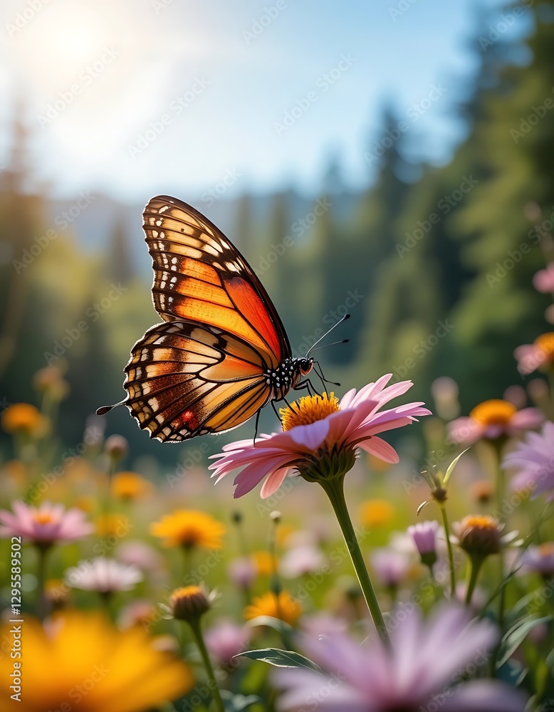 Naklejka premium Monarch Butterfly Sipping Nectar from a Pink Flower in Sunny Meadow