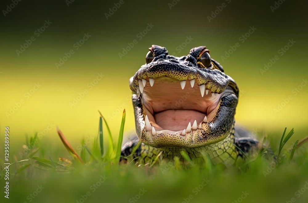 Obraz premium Close-up of a Grinning Crocodile Surrounded by Lush Green Grass Under Natural Light Showcasing Detail and Natural Behavior in Wildlife Habitat