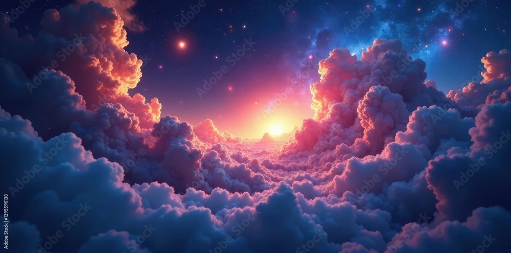 Swirling clouds and twinkling stars in a vast cosmic landscape with a glowing nebula, expansive, stars, space Swirling clouds and twinkling stars in a vast cosmic landscape with a glowing nebula, expansive, stars, space