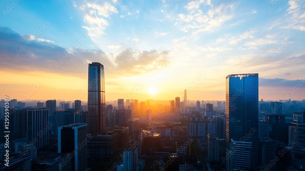 Fototapeta premium Stunning city skyline at sunset with buildings against vibrant sky : Generative AI
