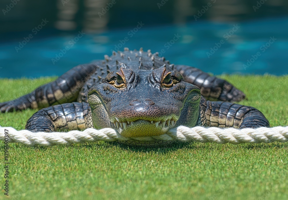 Fototapeta premium Close-Up of a Large Alligator Relaxing on Green Grass Near a Swimming Pool with Bright Blue Water in the Background