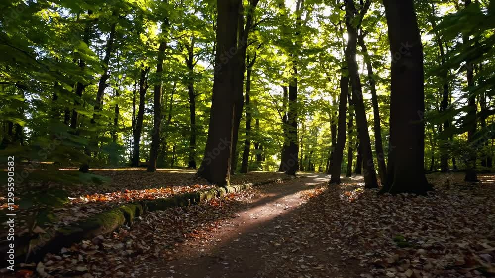 A tranquil pathway winds through a lush forest, illuminated by soft sunlight filtering through vibrant green leaves. Autumn leaves blanket the ground, enhancing the peaceful atmosphere. A tranquil pathway winds through a lush forest, illuminated by soft sunlight filtering through vibrant green leaves. Autumn leaves blanket the ground, enhancing the peaceful atmosphere.