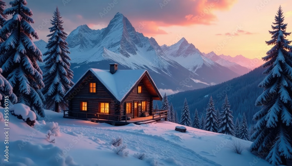 Cozy cabin with wooden roof and chimney amidst snowy mountains and tall trees at dusk, sunset, mountain Cozy cabin with wooden roof and chimney amidst snowy mountains and tall trees at dusk, sunset, mountain