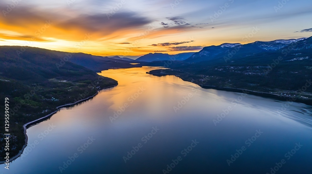 Fototapeta premium Breathtaking Sunset Reflected in a Calm Body of Water Surrounded by Mountains : Generative AI