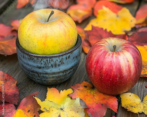 Steaming apple autumn table scene