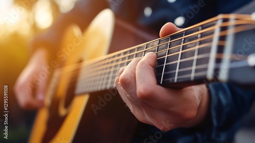 Closeup of a musician's hands skillfully strumming an acoustic guitar string in a lively outdoor setting : Generative AI photo