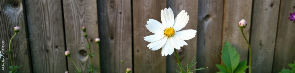 White Cosmos bipinnatus against a wooden fence, natural, flower White Cosmos bipinnatus against a wooden fence, natural, flower