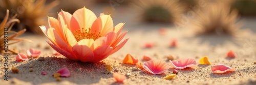 Desert flower petals softly landing on sandy terrain, cholla cactus, desert bloom, sandy ground