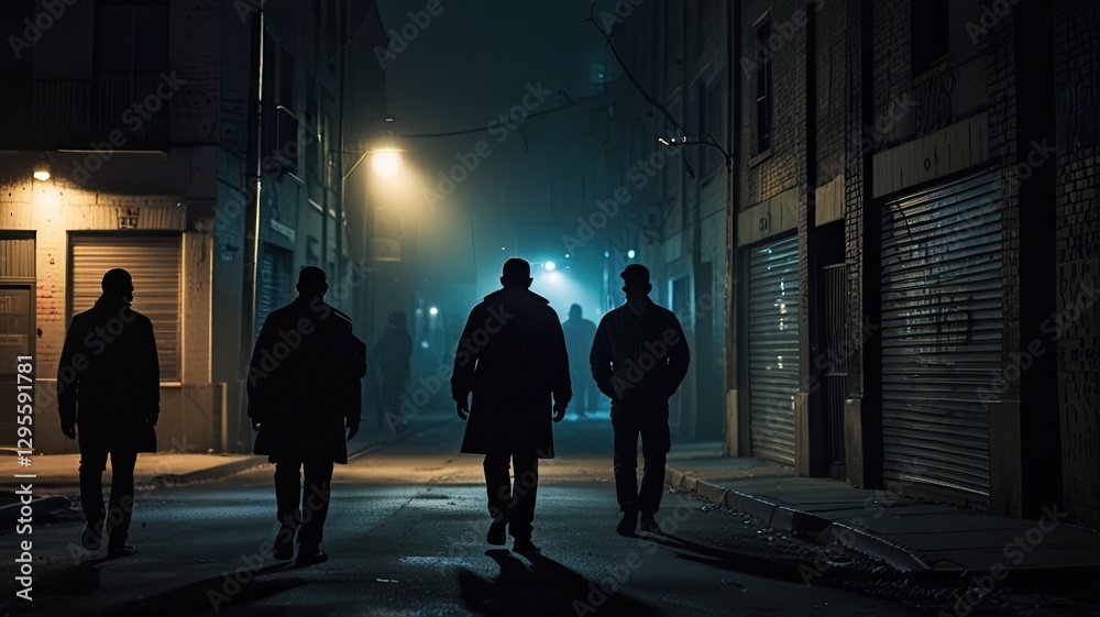 gangster men in dark clothes and hoods walk down a dim city street at night, surrounded by shadows and graffiti covered walls, creating a gritty and suspenseful urban scene