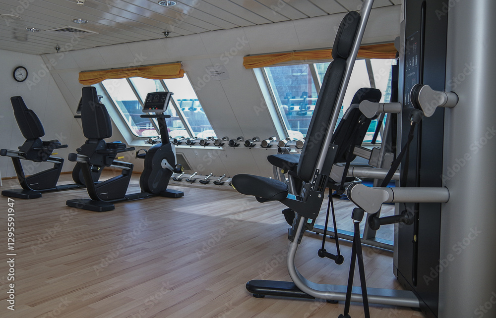 Obraz premium Moderne Fitnessgeräte und Kraftmaschinen in Sportstudio auf Kreuzfahrtschiff - Modern cardio and weight equipment in fitness center gym onboard cruiseship cruise ship liner