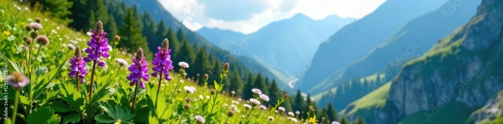 Obraz premium Fragrant aconitum blossoms amidst lush green mountain vegetation,, mountains