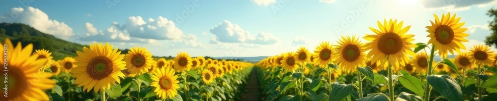 A field of tall sunflower stalks stretching towards the sky, sunflowers, open space, landscape