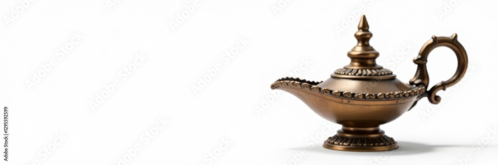 Ornate bronze oil lamp, patina, white background, artifact, detail Ornate bronze oil lamp, patina, white background, artifact, detail