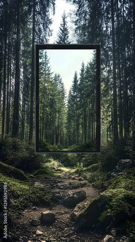 Obraz premium A framed woodland landscape showing a forest path among tall green trees