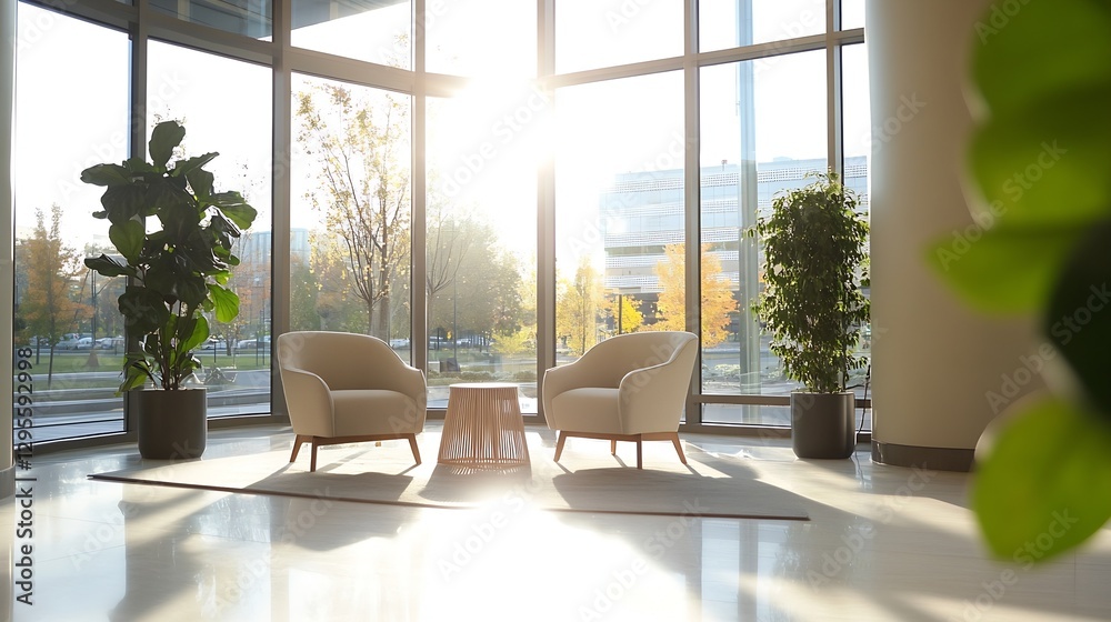 Fototapeta premium Modern Minimalist Living Room with Cozy Chairs and Natural Light from Windows : Generative AI