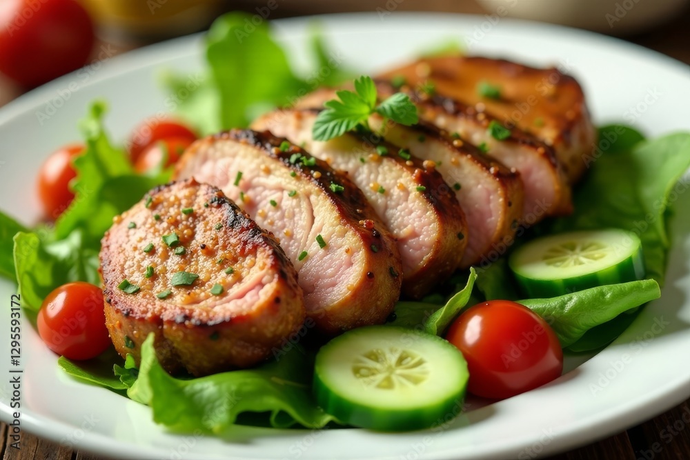 Sliced London broil atop mixed greens, cherry tomatoes, cucumber , fork, beef Sliced London broil atop mixed greens, cherry tomatoes, cucumber , fork, beef