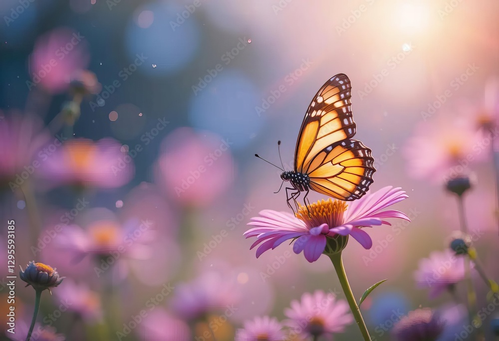 Obraz premium A close-up of a butterfly on a pink flower with a blurred background