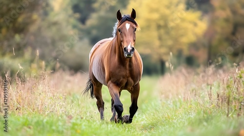 Joyful brown horse running through vibrant green field during sunny autumn day : Generative AI