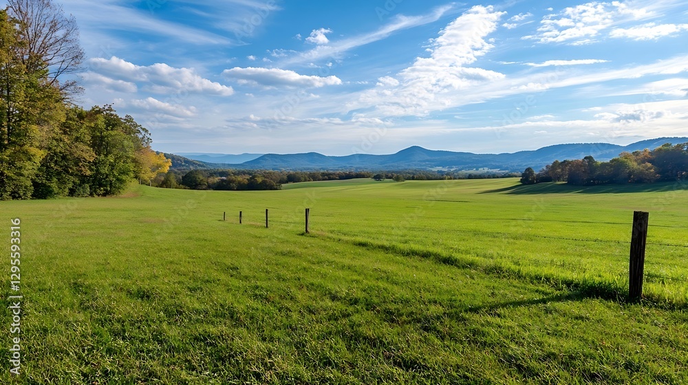 Naklejka premium Vast green meadow under a bright blue sky with gentle clouds and distant mountains in scenic view : Generative AI