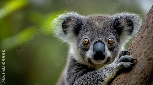 Close up portrait of a cute koala bear perched on a tree branch in its natural habitat : Generative AI