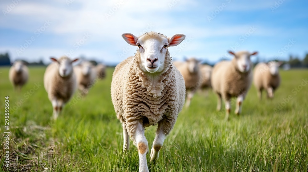 Curious Sheep Walking Toward the Camera in Green Pasture Under Blue Sky : Generative AI Curious Sheep Walking Toward the Camera in Green Pasture Under Blue Sky : Generative AI