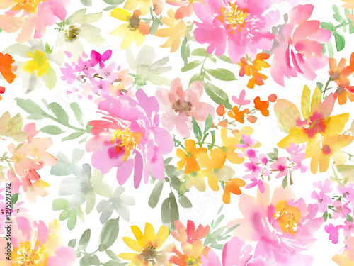 Fototapeta Naklejka Na Ścianę i Meble -  Abstract pink Peonies and wild flowers Seamless Pattern in Watercolor with transparent background. Hand painted Floral Textile Design for spring.