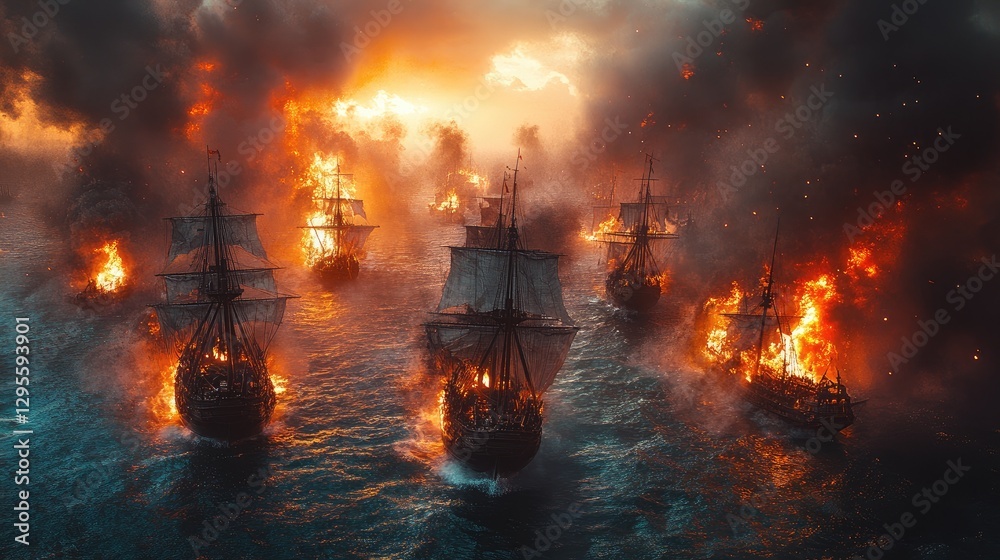 An ocean battle from the 16th century between sailing ships and galleons, in which pirate boats are fighting and burning due to gunfire from cannons.