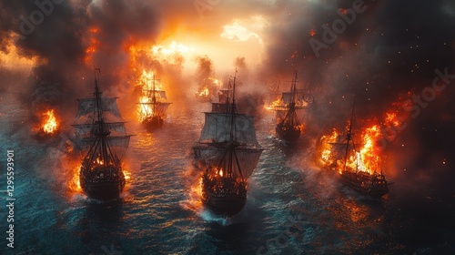 An ocean battle from the 16th century between sailing ships and galleons, in which pirate boats are fighting and burning due to gunfire from cannons.