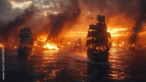 Obraz na płótnie A sea battle between sailing ships and galleons from the 16th century. Pirate boats are on fire in the ocean as cannons shoot fire. AI-Generated fantasy digital painting. w salonie