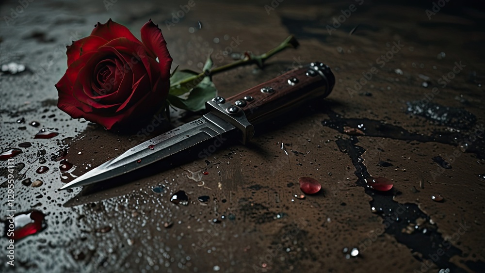 Withered red rose lies next to a blood stained knife on a wet stone surface, symbolizing the dark contrast between love and violence